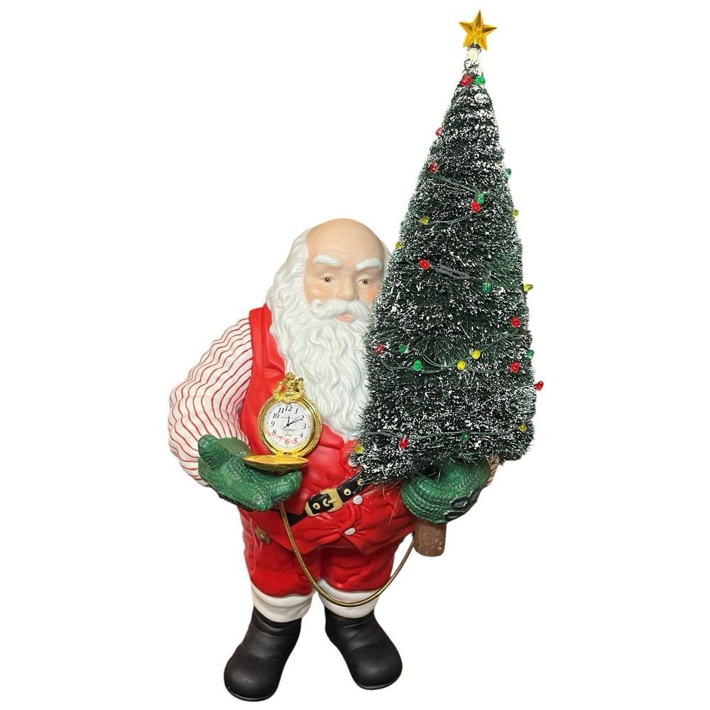 Rare Department 56 "Christmas Time" Porcelain Santa with Lighted Tree and Watch